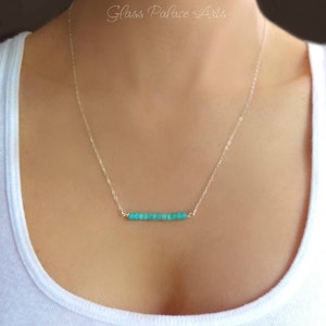 Dainty Turquoise Necklace Silver, Real Turquoise Bar Necklace Gold, Simple Beaded Jewelry For Women Sterling Silver, Boho Chic Minimalist