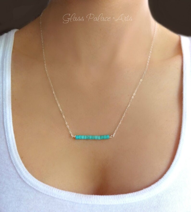 Dainty Turquoise Necklace Silver, Real Turquoise Bar Necklace Gold, Simple Beaded Jewelry For Women Sterling Silver, Boho Chic Minimalist