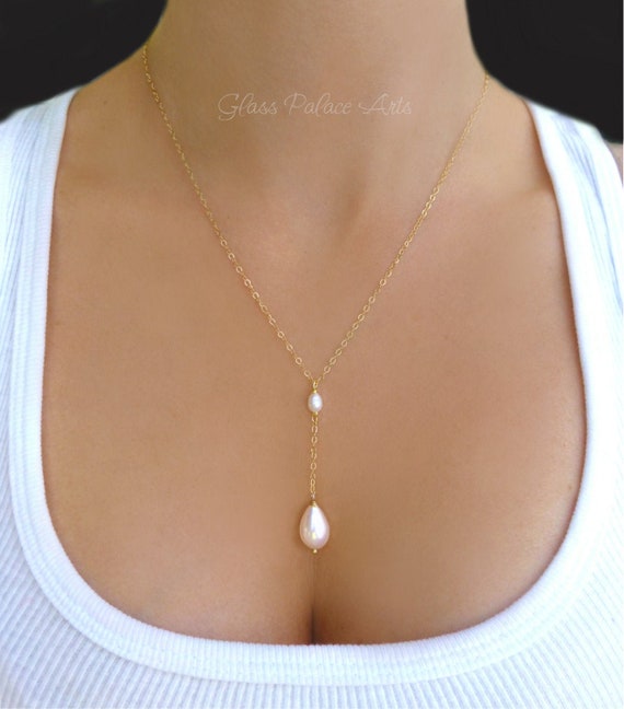 Bridal Wedding Jewelry Dainty Pearl Lariat Y Necklace Necklace for Bridesmaids Rose Gold Teardrop Freshwater Pearl Drop Lariat Necklace