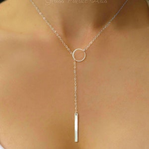 Gold Lariat Necklace For Women, Rose Gold Y Necklace 14k Gold Vertical Bar Necklace Claspless, Long Choker Drop, Bridesmaid Jewelry Gift image 7