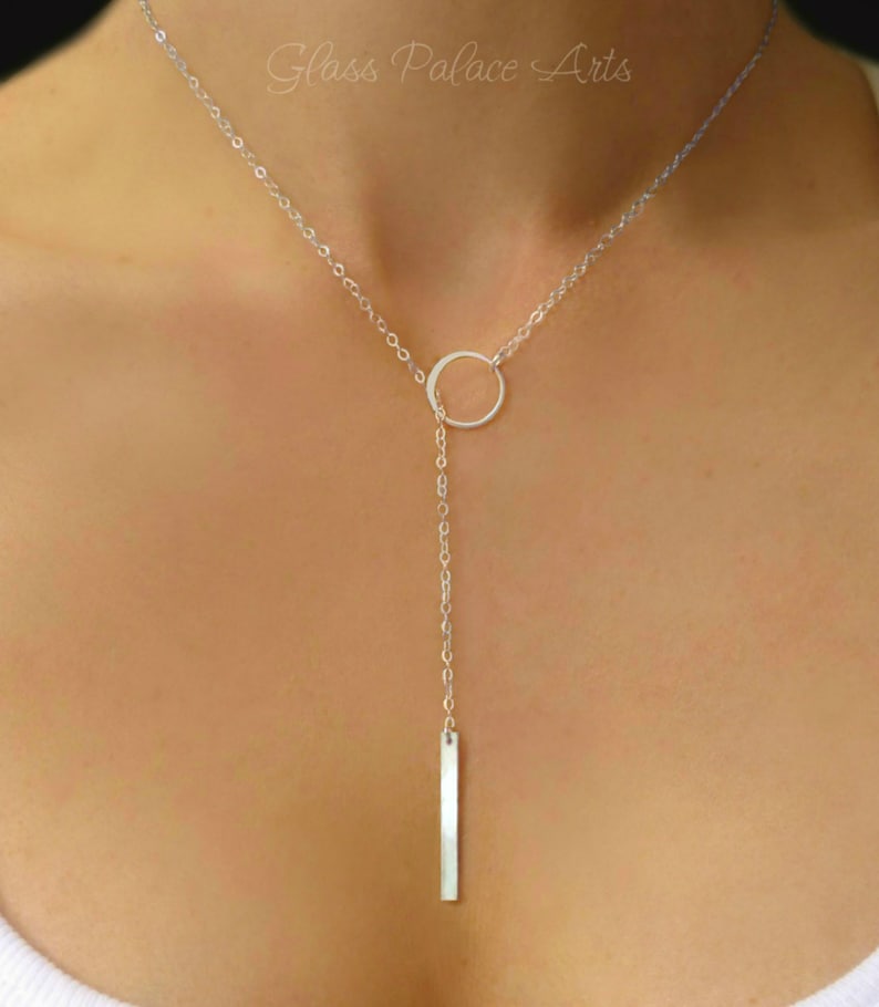 Gold Lariat Necklace For Women, Rose Gold Y Necklace 14k Gold Vertical Bar Necklace Claspless, Long Choker Drop, Bridesmaid Jewelry Gift image 7