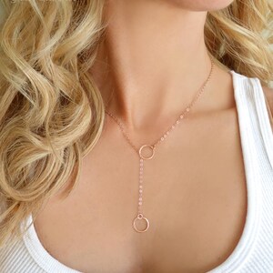 Infinity Lariat Necklace For Women, Double Circle Necklace Sterling Silver, Small Dainty Minimalist Circle Y Drop Jewelry Gift, Rose Gold image 9