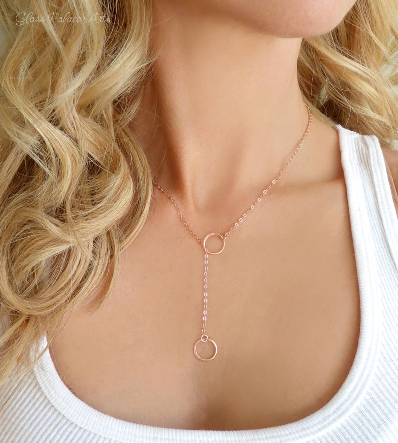 Infinity Lariat Necklace For Women, Double Circle Necklace Sterling Silver, Small Dainty Minimalist Circle Y Drop Jewelry Gift, Rose Gold image 9