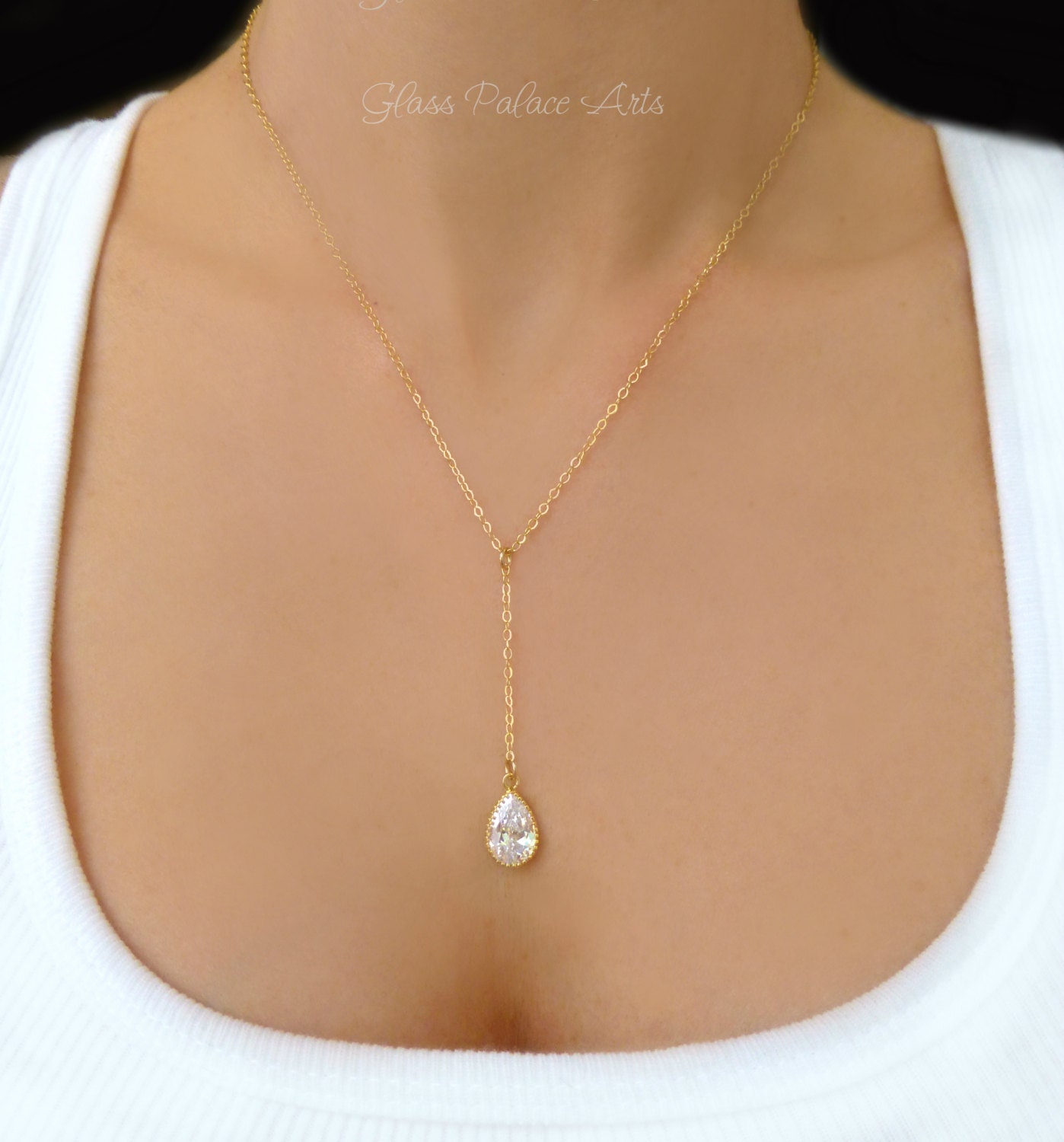 Y Necklace Gold Cubic Zirconia Crystal Bridal Necklace Rose Etsy