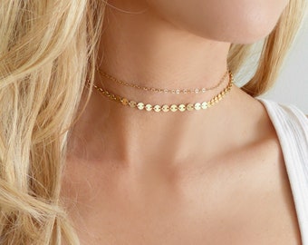 14k Gold Choker Necklace For Women, Layered Short Double Choker Necklace Set, Dainty Modern Minimalist Jewelry Sterling Silver, Rose Gold
