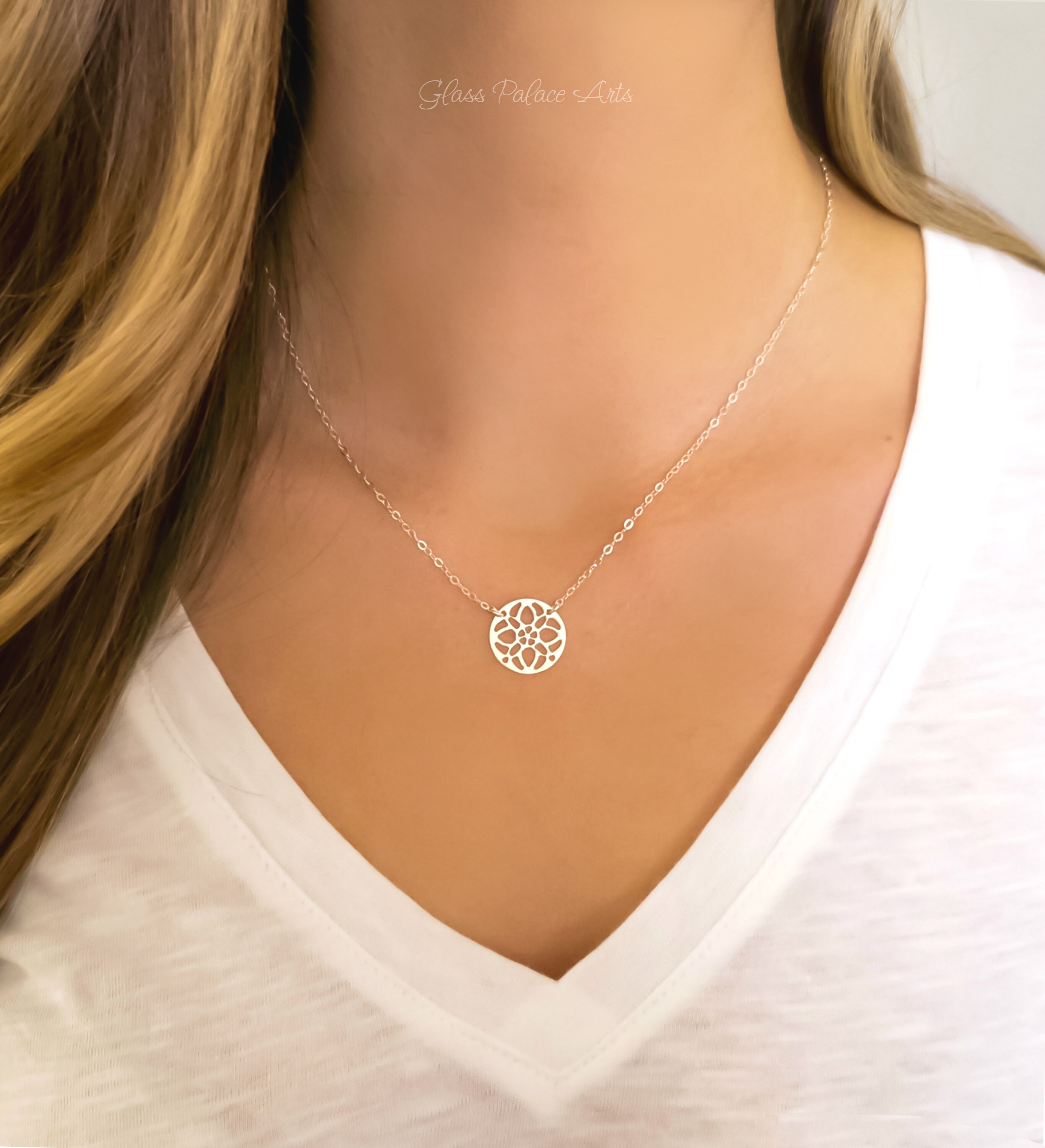 Sterling Silver Medallion Necklace for Women Round Circle Pendant