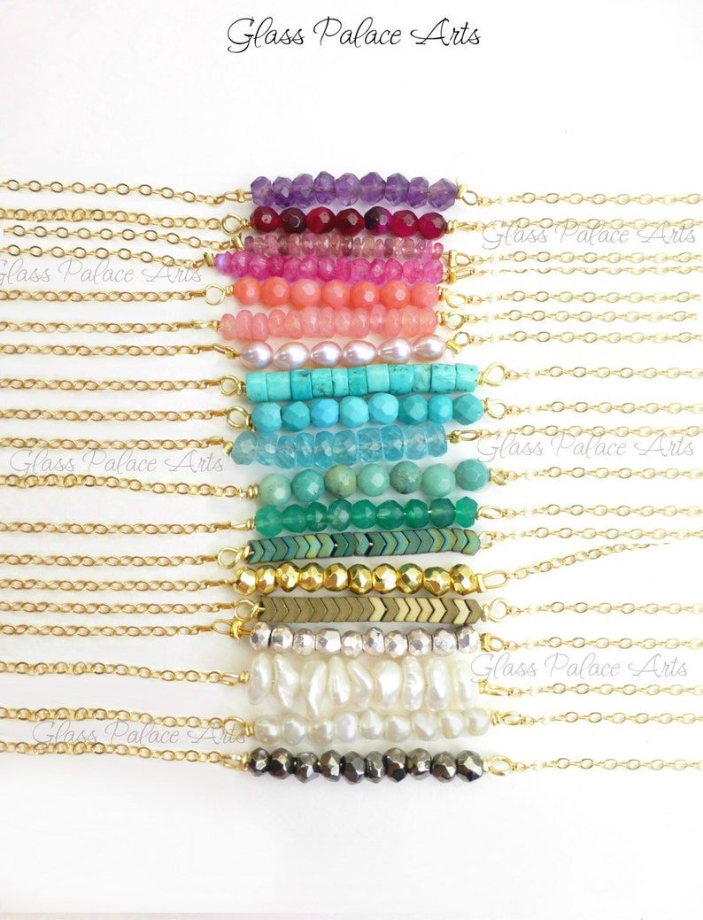 Pearl Aquamarine Sterling Silver Amethyst Beaded Gemstone Bar Necklace For Women Rose Gold Simple Dainty Gemstone Jewelry Turquoise