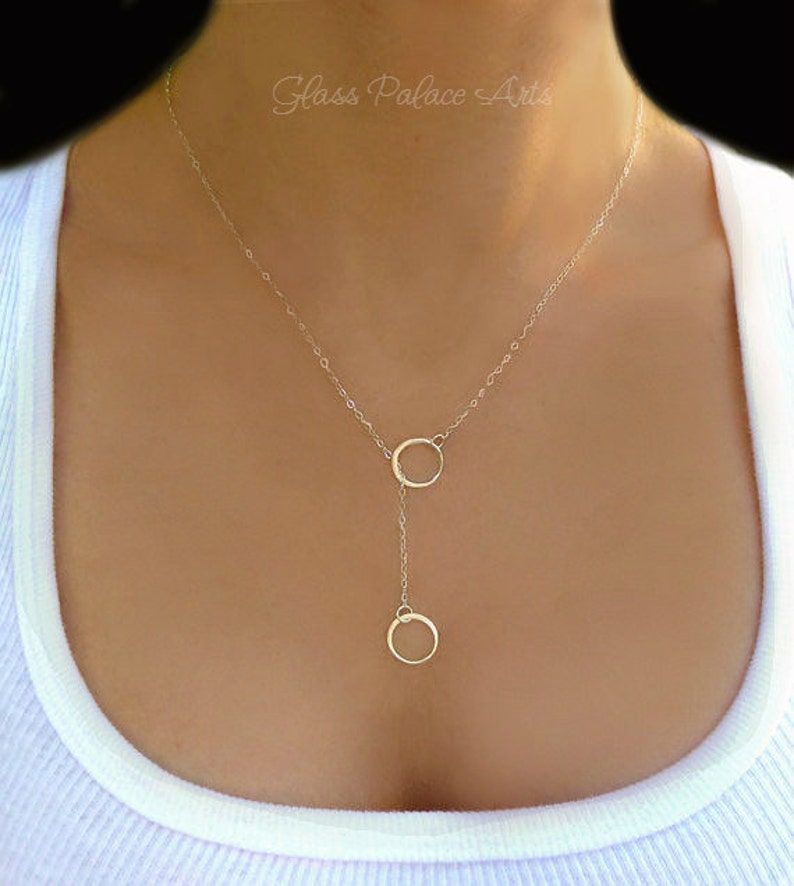 Infinity Lariat Necklace For Women, Double Circle Necklace Sterling Silver, Small Dainty Minimalist Circle Y Drop Jewelry Gift, Rose Gold Sterling Silver