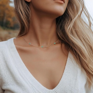 Small Green Clover Choker Necklace: Handmade 14k Gold Dainty Adjustable Layering Necklace
