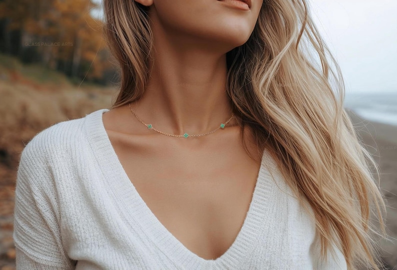 Small Green Clover Choker Necklace: Handmade 14k Gold Dainty Adjustable Layering Necklace