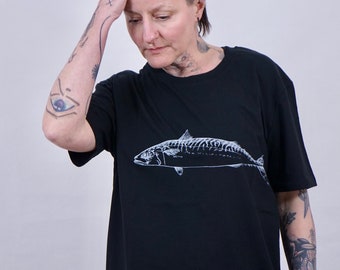 Mackerel t-shirt, screen printed, natural history illustration hand drawn, organic cotton, water based ink, ethical, animals, black, fishing