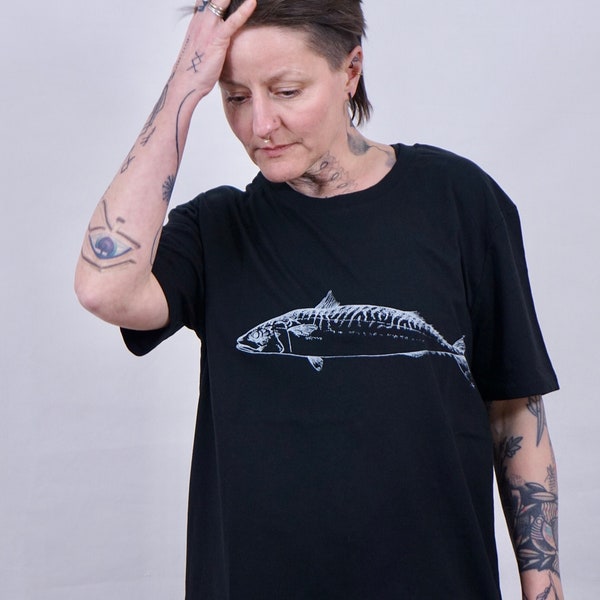 Mackerel t-shirt, screen printed, natural history illustration hand drawn, organic cotton, water based ink, ethical, animals, black, fishing