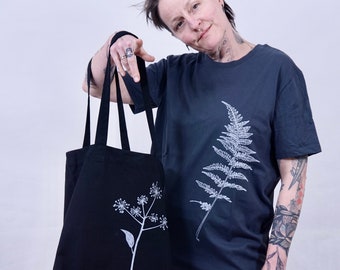 Ivy tote bag, screenprinted, botanical illustration hand drawn, water based ink, plants, black, white, foraging