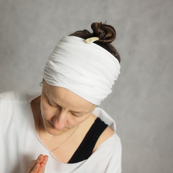 Bandeau, couvre-chef, tube, turban, yoga kundalini, coton biologique, bambou, superjersey, blanc, noir, je peux c u, fait main, chapeau