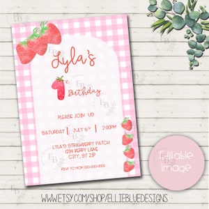 Berry First Birthday Invitation Template, Strawberry 1st Birthday Invite, Girls 1st Birthday Invitation, Printable Invite