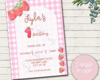Berry First Birthday Invitation Template, Strawberry 1st Birthday Invite, Girls 1st Birthday Invitation, Printable Invite