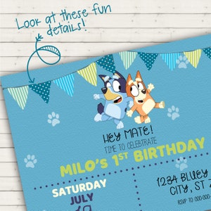 Blue Dog Invite, Kids Birthday Invitation, Editable Birthday, Printable Invitation, First Birthday Invitation, Unisex