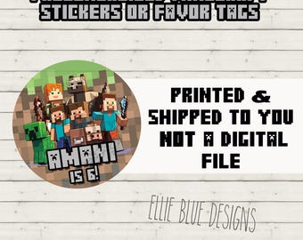 Minecraft Birthday Party Stickers, Minecrafter Birthday Favor Tags Personalized