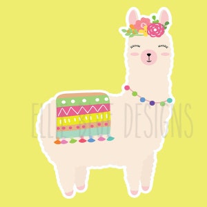 May include: A white llama with a colorful patterned saddle and a flower crown. The llama has closed eyes and a happy expression.