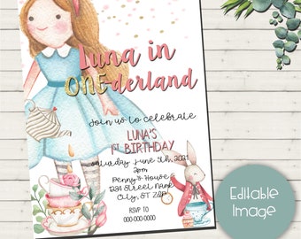 ONE-derland Party Invite, Alice Birthday Invitation, Editable Birthday, Printable Alice Invitation, First birthday, Watercolor birthday