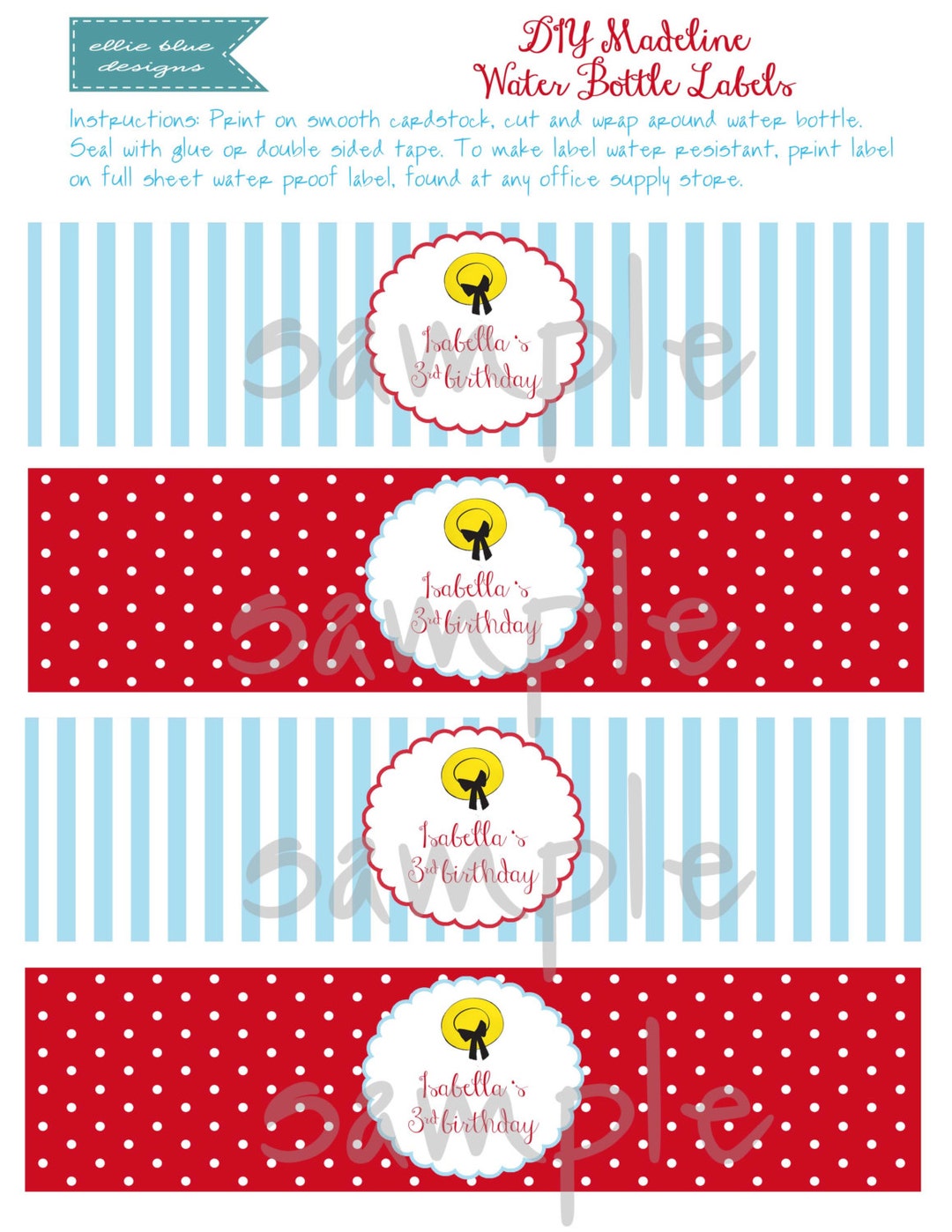 Printable Party Water Bottle Labels Madeline - Etsy