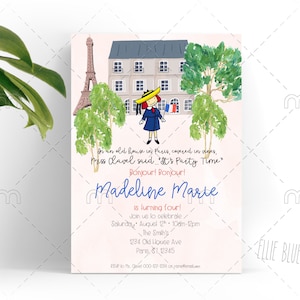 Printable Madeline Birthday Invitation Watercolor, Madeline birthday, Eiffel Tower, French, Madeline theme