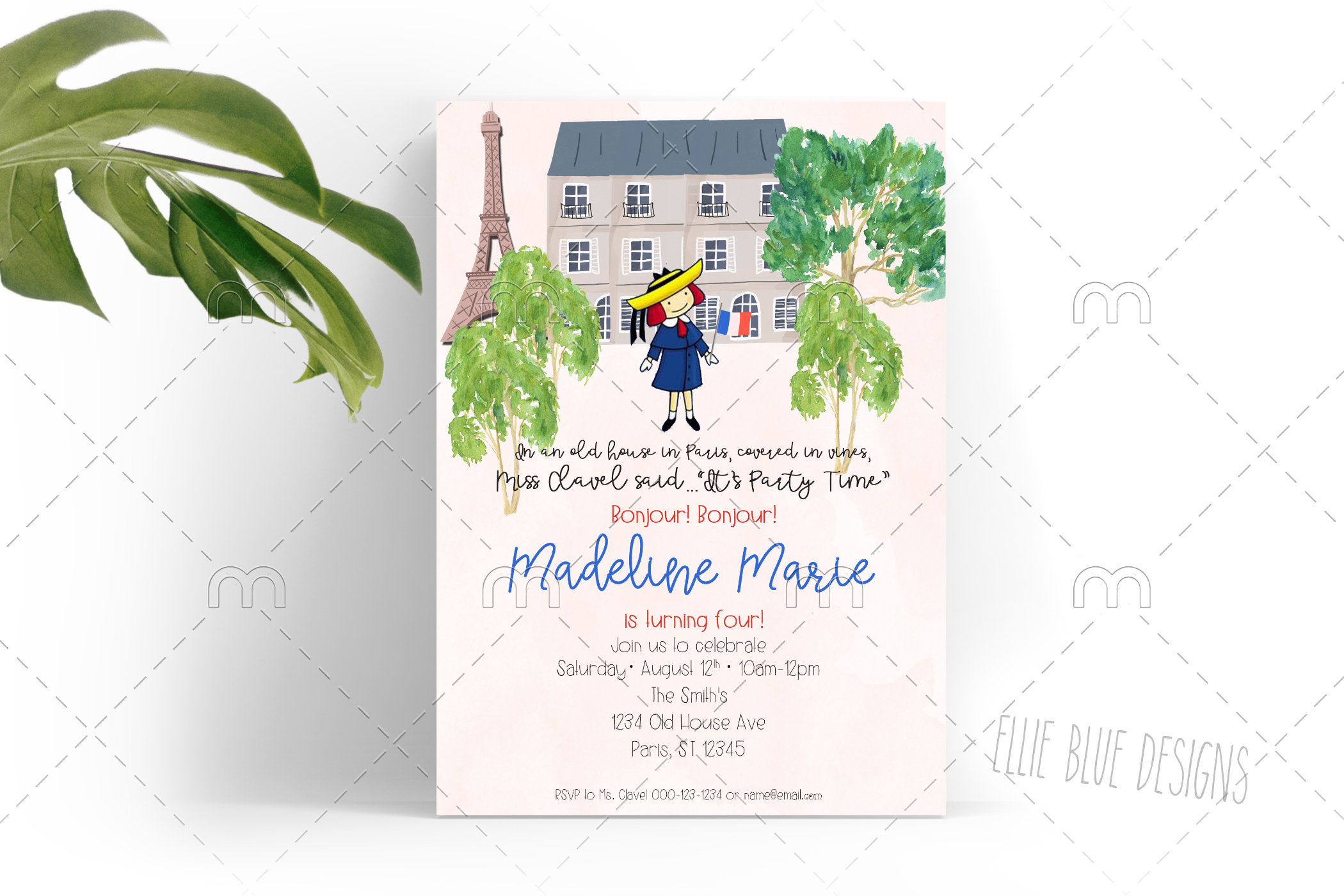 Printable Madeline Birthday Invitation Watercolor Madeline birthday Eiffel Tower French Madeline theme