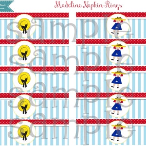 May include: Printable Madeline napkin rings featuring a red and white polka dot background with blue and white stripes. The rings feature a cartoon image of Madeline wearing a blue dress and yellow hat.
