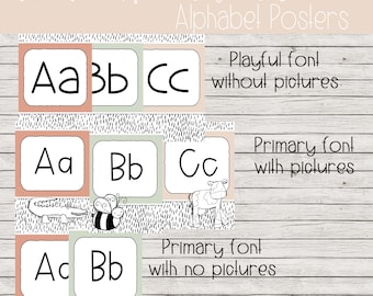 Zestaw alfabetu Boho Neutrals | Alfabet Boho Classroom | Alfabet Boho | Neutralny nowoczesny alfabet klasowy | Edytowalny