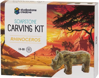 Rhino Soapstone Carving and Whittling—DIY Arts and Craft Kit. All Kid-Safe Tools and Materials Included. For kids and adults 8 to 99+ Years.