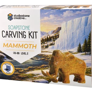 May include: A soapstone carving kit for a mammoth, level 2, with a diorama scene on the box. The box features a carved mammoth and a landscape with mountains and a waterfall. The kit is from Studiotone Creative.
