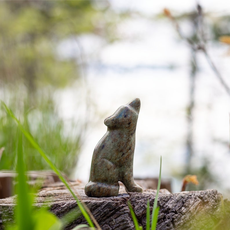 Soapstone wolf sculpture on tree in nature