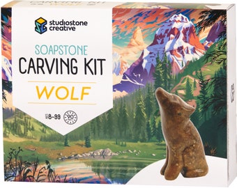 Wolf Soapstone Carving and Whittling—DIY Arts and Craft Kit. All Kid-Safe Tools and Materials Included. For kids and adults 8 to 99+ Years.