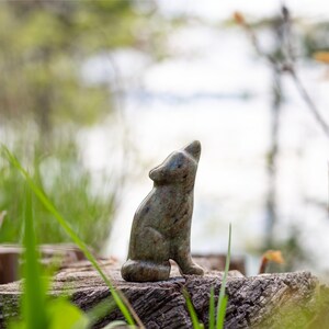 Soapstone carving wolf in front of nature scene