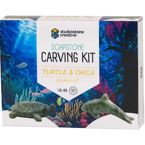 Soapstone carving turtle and orca craft kit box - front