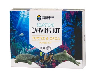 Double Kit Turtle & Orca Soapstone Carving and Whittling DIY Arts and Crafts. Kid-Safe Tools, Materials Included for kids, adults 8 to 99+