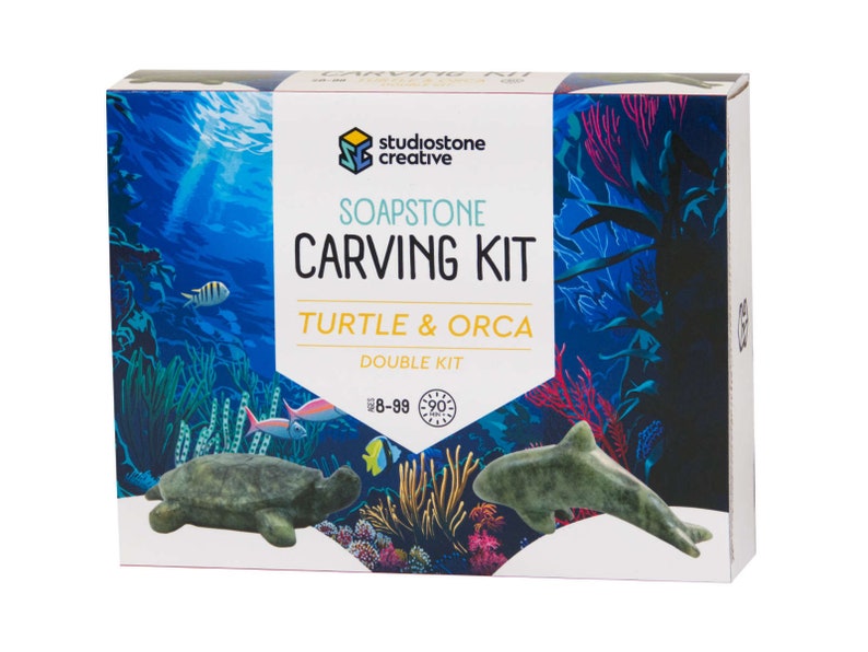 Soapstone carving turtle and orca craft kit box - front