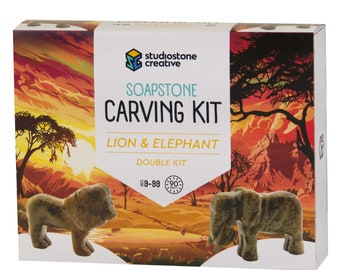 Double Kit Lion & Elephant Soapstone Carving and Whittling DIY Arts and Crafts. Kid-Safe Tools, Materials Included for kids, adults 8 to 99+