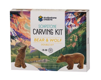 Double Kit Bear & Wolf Soapstone Carving and Whittling DIY Arts and Craft Kit. Kid-Safe Tools, Materials Included for kids, adults 8 to 99+