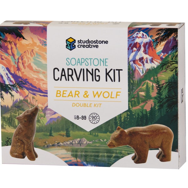 Double Kit Bear & Wolf Soapstone Carving and Whittling DIY Arts and Craft Kit. Kid-Safe Tools, Materials Included for kids, adults 8 to 99+