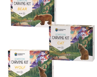 Bear, Wolf & Cat Soapstone Carving and Whittling—DIY Arts and Craft Kit. Kid-Safe Tools, Materials Included for kids, adults 8 to 99+ Years