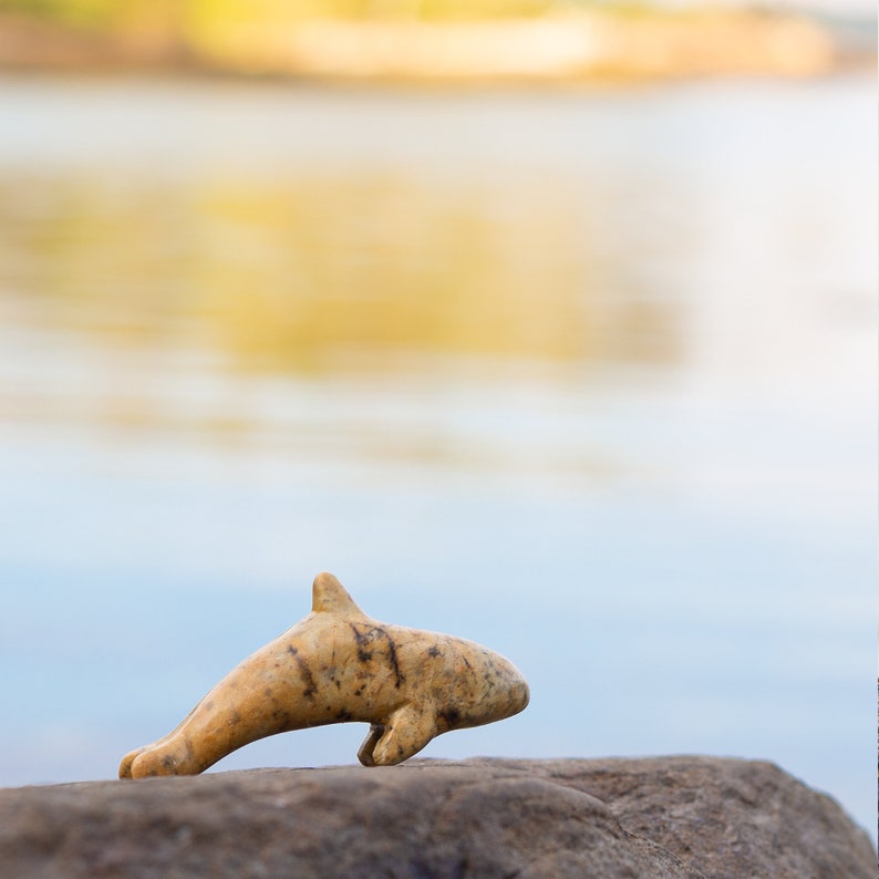 Soapstone orca on rock in front of water