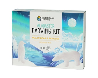 NEW! Double Kit Polar Bear & Penguin Alabaster Soapstone Carving Whittling DIY Arts Craft Kit. Kid-Safe Tools Included for Ages 8 to 99+