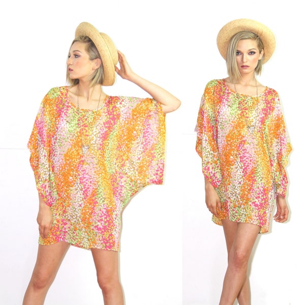 Women's Kaftan Women's Caftan Women's Kimono Dress or Cover-up in Multicolor Confetti Print "Barbados" by Voyage Clothing in Pink Tangerine