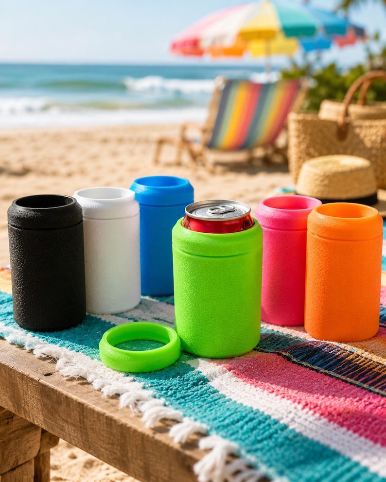 Puede incluir: Una colecci&oacute;n de enfriadores de latas cil&iacute;ndricos de espuma en negro, blanco, azul, verde lima, rosa y naranja. Un enfriador verde lima contiene una lata de aluminio plateada, con un anillo circular a juego sobre la superficie frontal.
