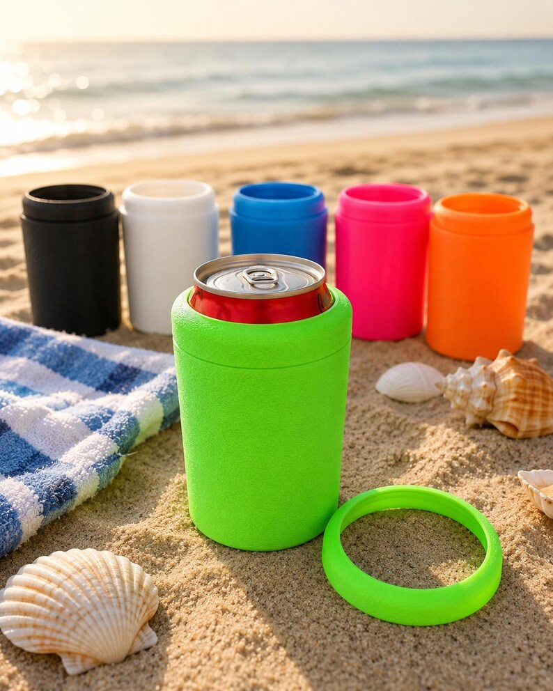 Puede incluir: Una colecci&oacute;n de enfriadores de latas cil&iacute;ndricos en varios colores s&oacute;lidos, incluyendo negro, blanco, azul, rosa, naranja y un verde lima brillante. Un enfriador verde lima sostiene una lata de metal, con un anillo a juego.