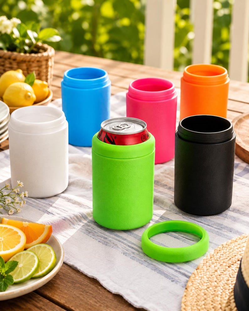 Puede incluir: Una colecci&oacute;n de enfriadores de latas cil&iacute;ndricos en varios colores s&oacute;lidos, incluyendo blanco, azul, rosa, naranja, negro y verde lima. Un enfriador verde lima contiene una lata de bebida de metal y un anillo de silicona a juego.