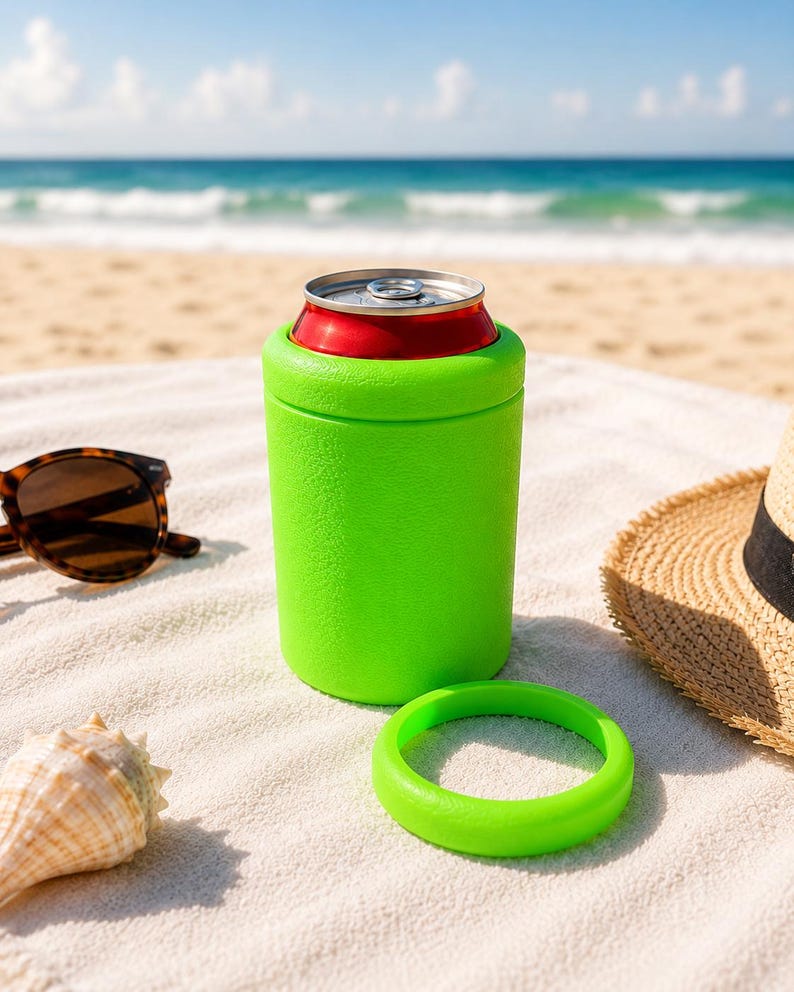 Puede incluir: Una funda aislante para latas de color verde ne&oacute;n brillante que contiene una lata de bebida met&aacute;lica, con una base de anillo de goma verde ne&oacute;n a juego. La funda cil&iacute;ndrica tiene una superficie texturizada para latas de bebida est&aacute;ndar.