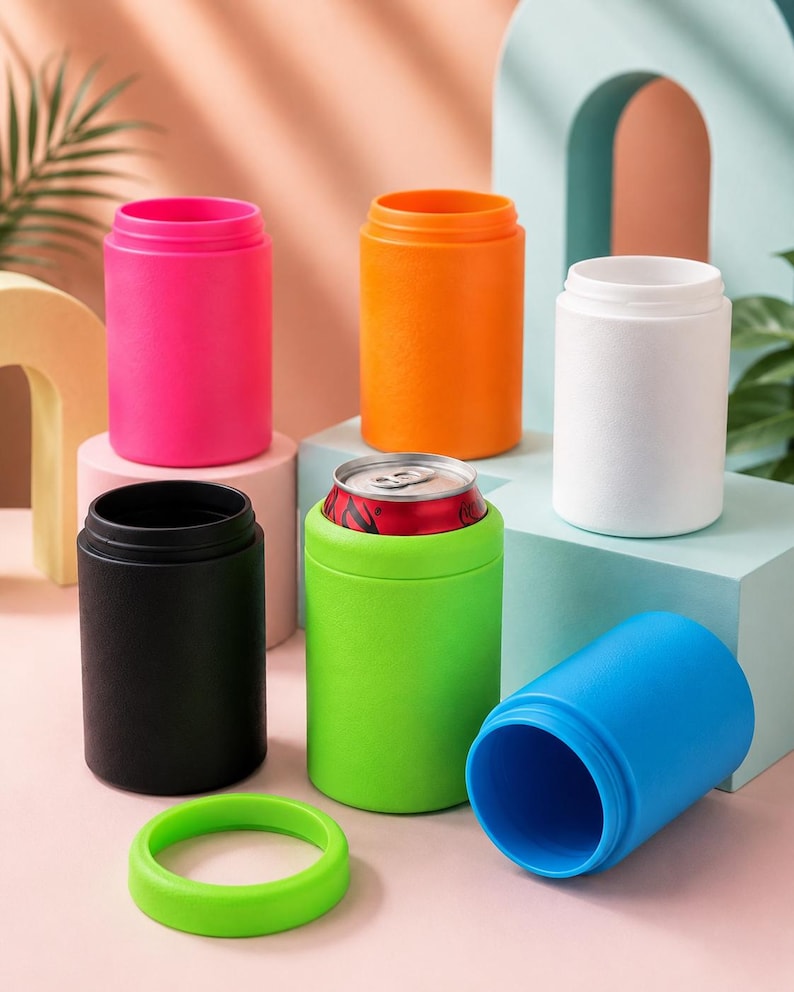 Puede incluir: Una colecci&oacute;n de seis enfriadores de latas cil&iacute;ndricos aislados en colores vibrantes que incluyen rosa fuerte, naranja, blanco, negro, verde lima y azul. Un enfriador verde lima contiene una lata de metal y un anillo a juego est&aacute; cerca.