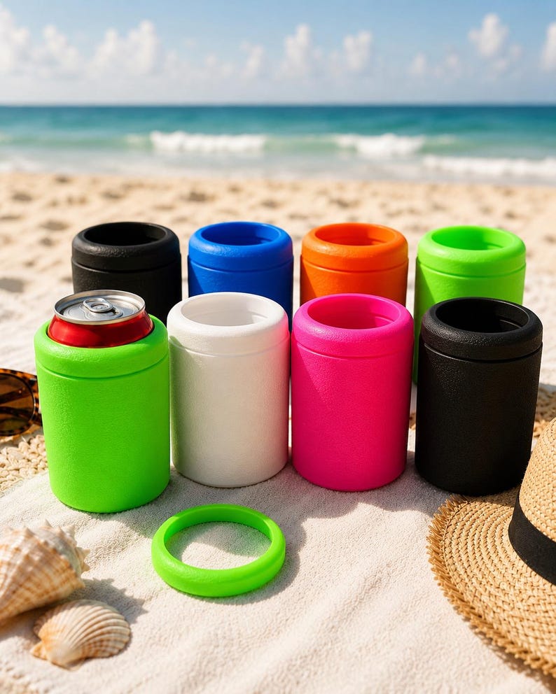 Puede incluir: Una colecci&oacute;n de aislantes cil&iacute;ndricos de espuma para bebidas en varios colores s&oacute;lidos, incluyendo negro, azul, naranja, verde lima, blanco y rosa intenso. Un aislante verde lima contiene una lata de aluminio plateada y un anillo a juego.